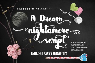 Nightamore is a brush font that comes with many alternative styles, however you can download the original style for free.
