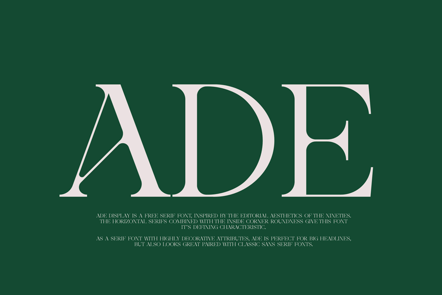 Ade Display is a free serif font inspired by the aesthetics of the nineties.