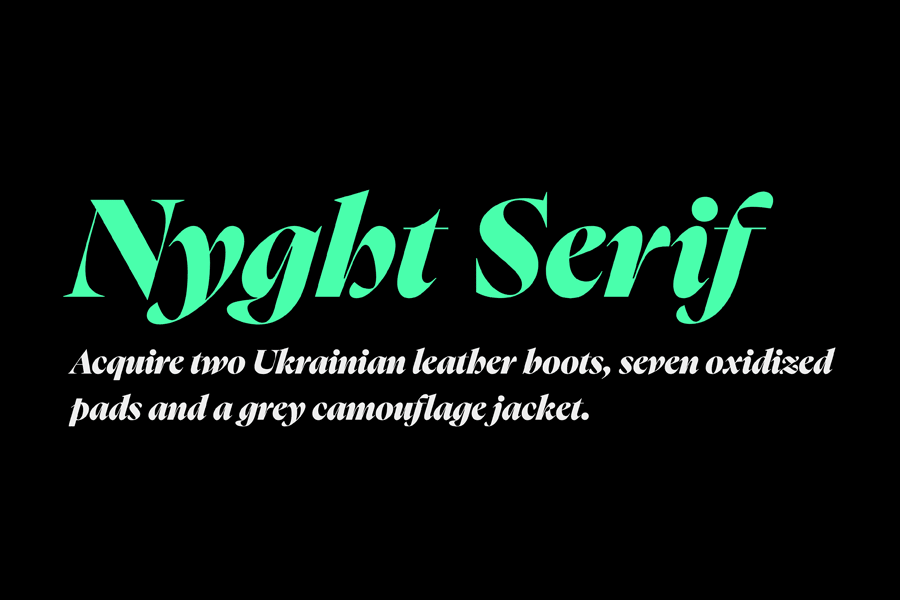 Nyght Serif is a contemporary serif with a spicy character.